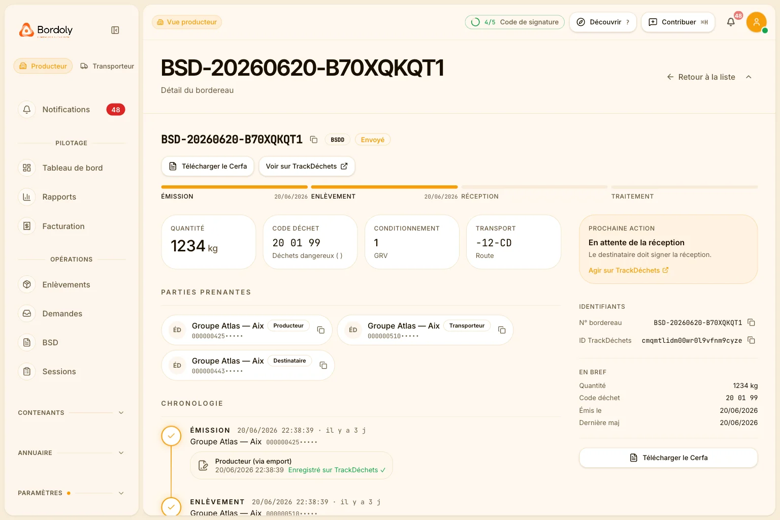 Détail BSD Bordoly : cycle de vie émission → traitement, parties prenantes, Cerfa.