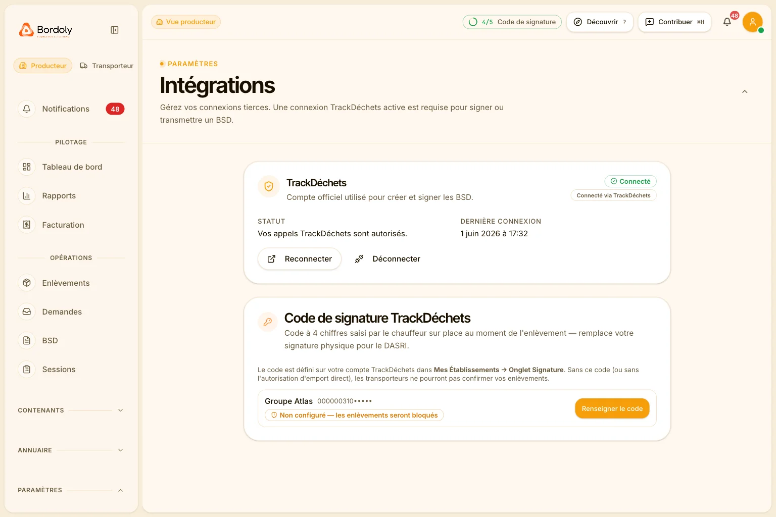 Page Intégrations Bordoly : connexion TrackDéchets active et code de signature.
