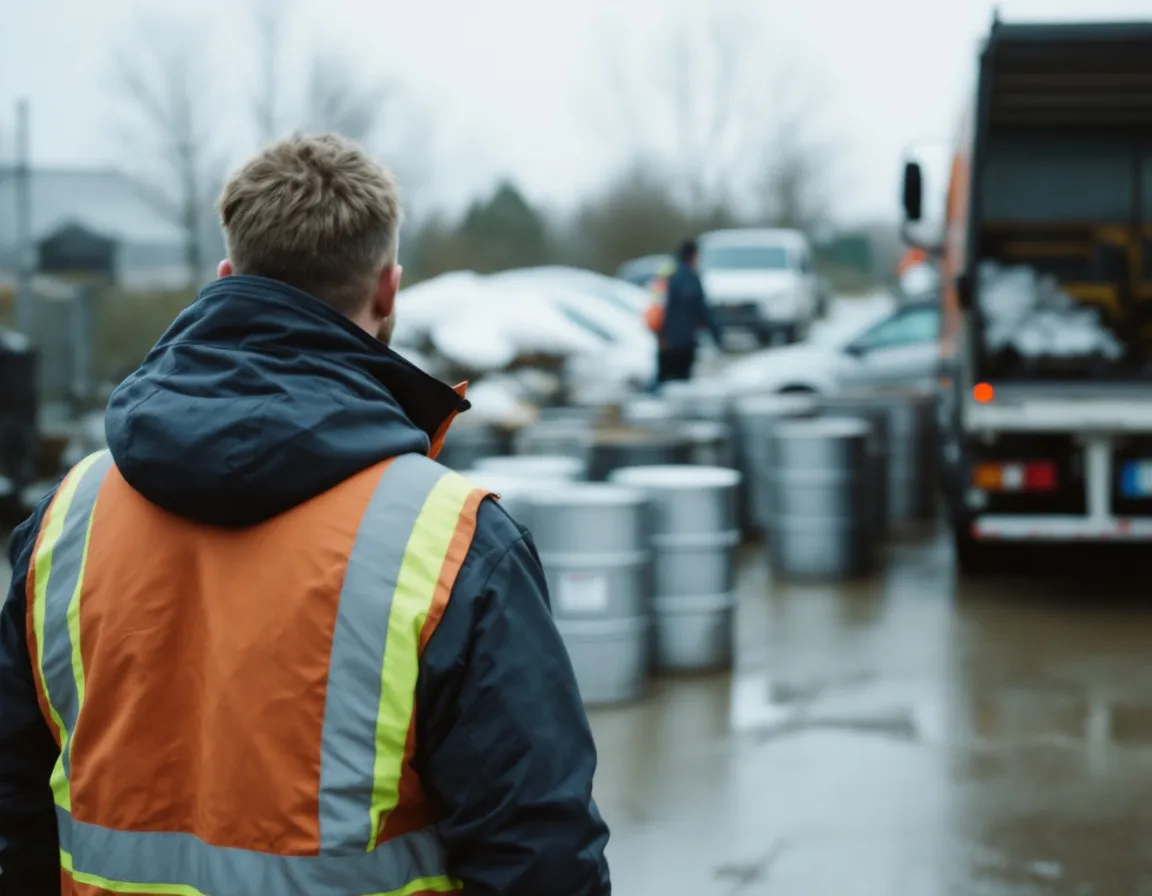 Un chauffeur en gilet de sécurité devant des fûts métalliques alignés et un camion ouvert, sur un site en fin d'enlèvement