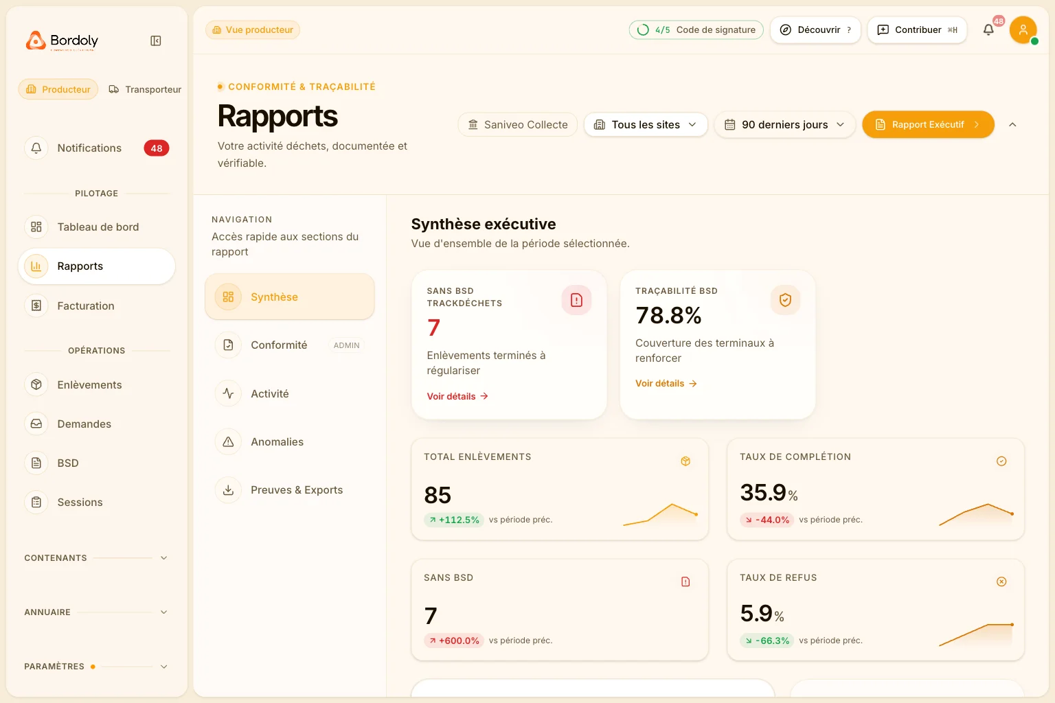 Rapports Bordoly : synthèse exécutive, traçabilité, anomalies et exports.
