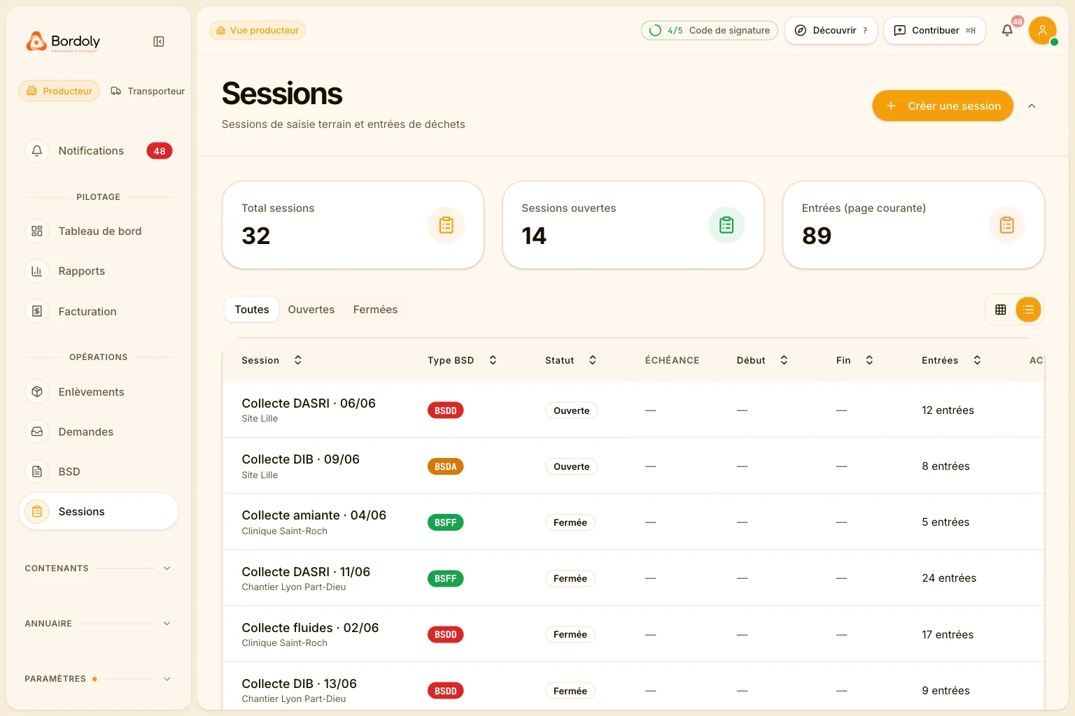 Sessions de collecte Bordoly : saisie terrain par site, type BSD et statut.