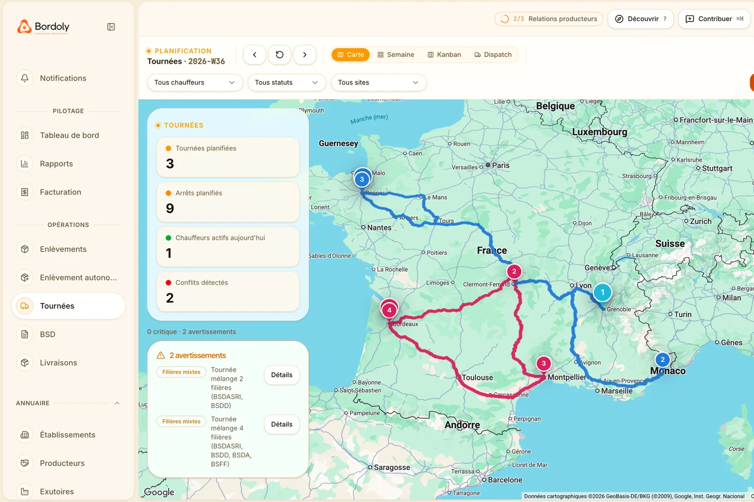 La carte des tournées Bordoly en vue transporteur : chaque tournée de la semaine tracée, ses arrêts numérotés, les tournées et arrêts planifiés comptés