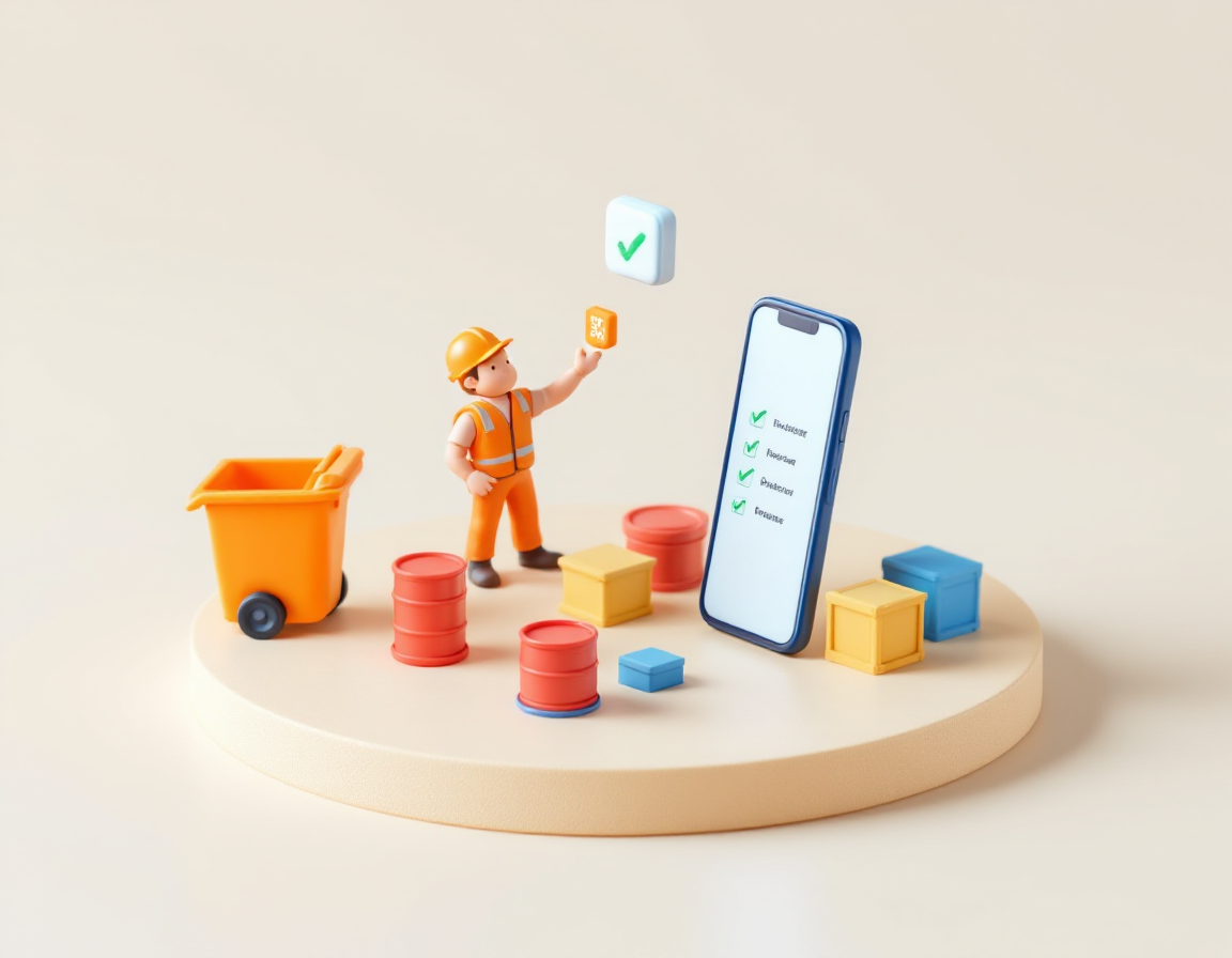 Technicien isométrique avec smartphone checklist devant des contenants de déchets miniatures