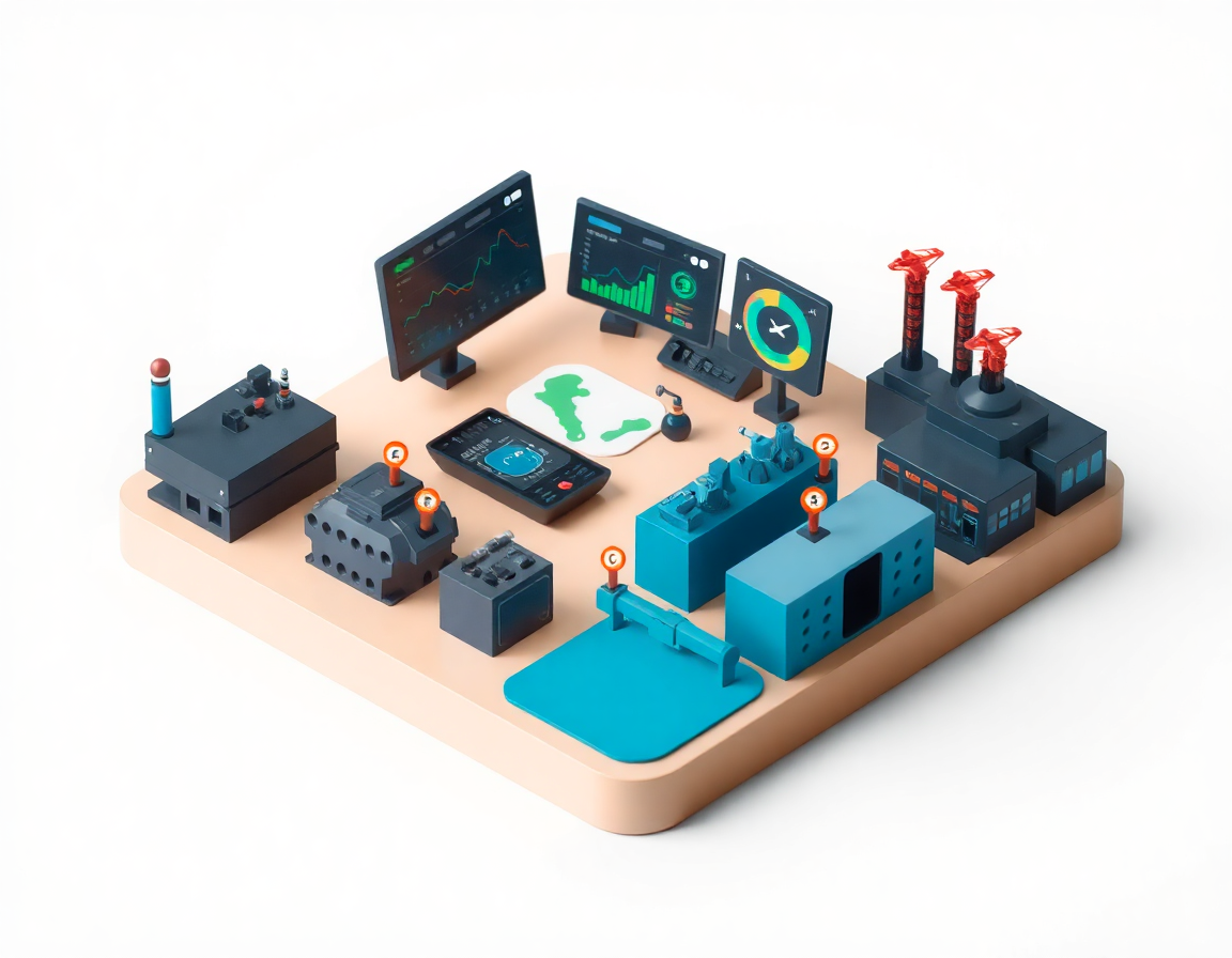 Cockpit isométrique multi-sites avec dashboards et carte usines