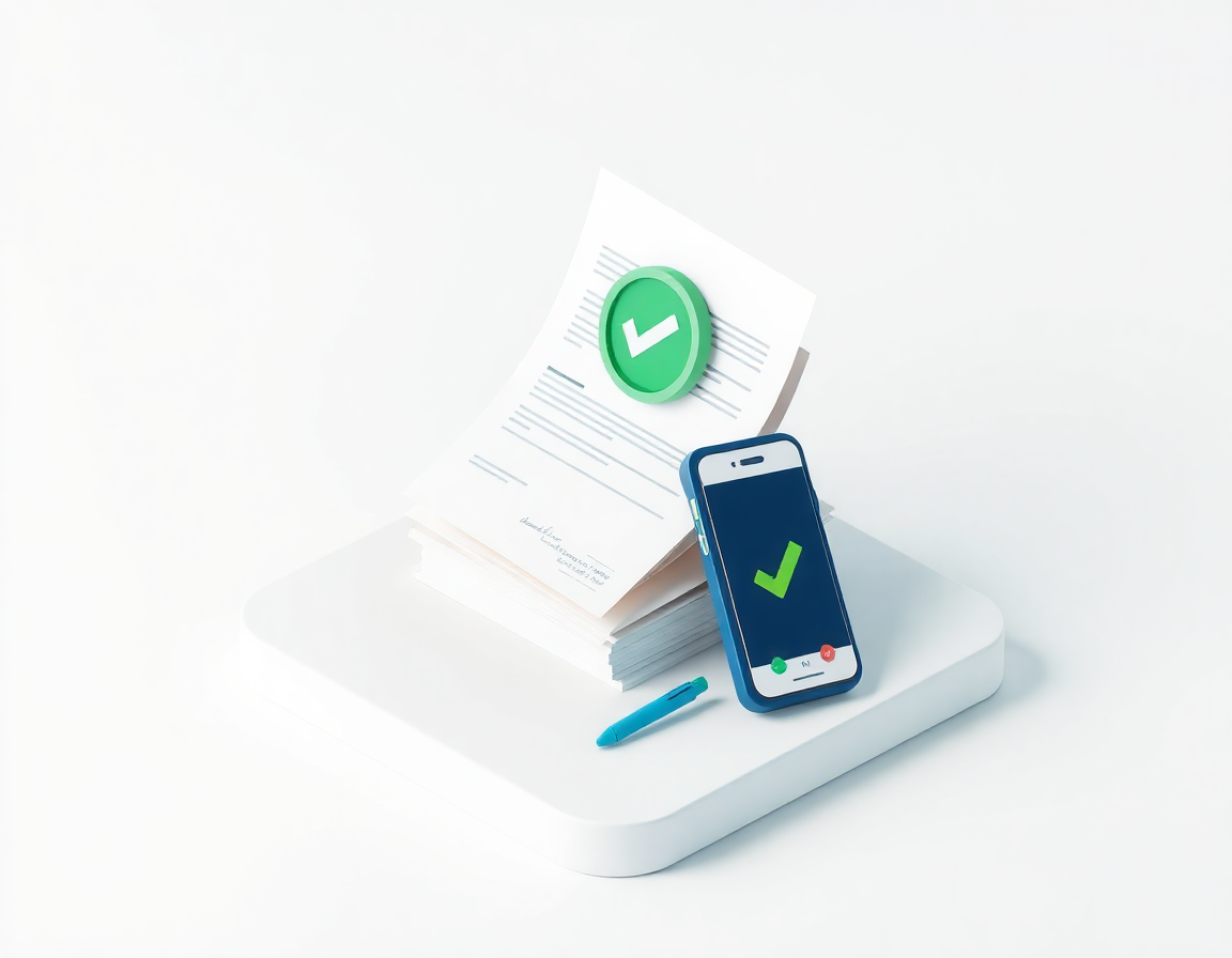 Pile de documents signés avec sceau de validation et photo sur smartphone