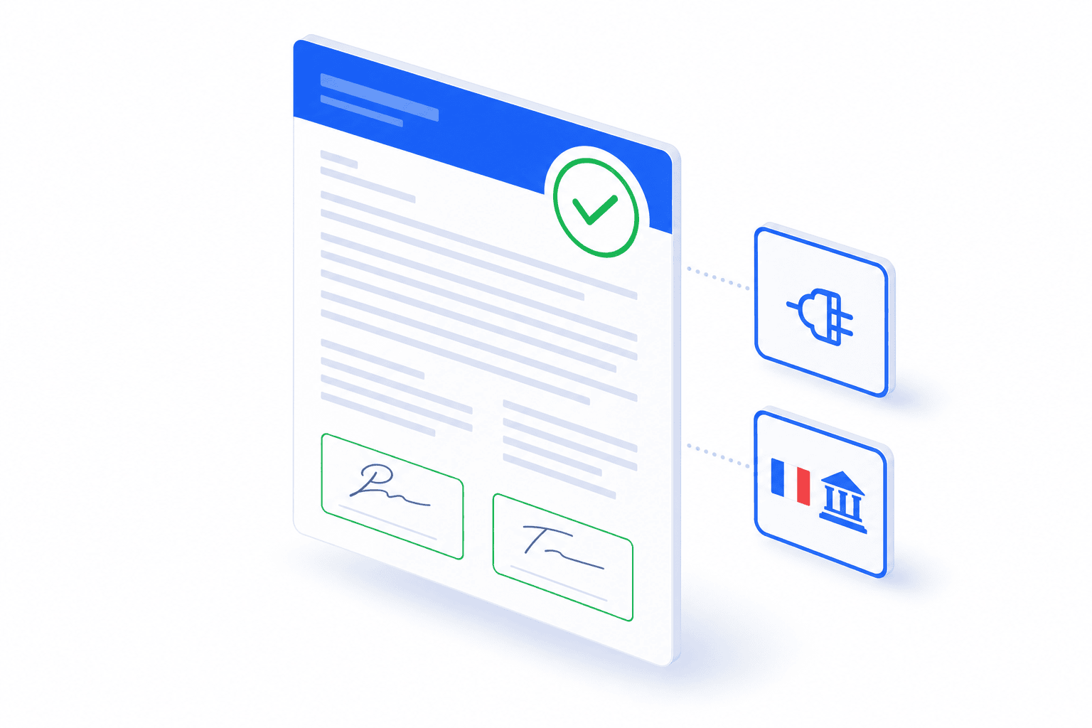 Illustration isometrique d'un document BSD signe valide avec tampon vert de conformite, connecte par flux de donnees a deux badges representant l'API TrackDechets et la reglementation francaise.
