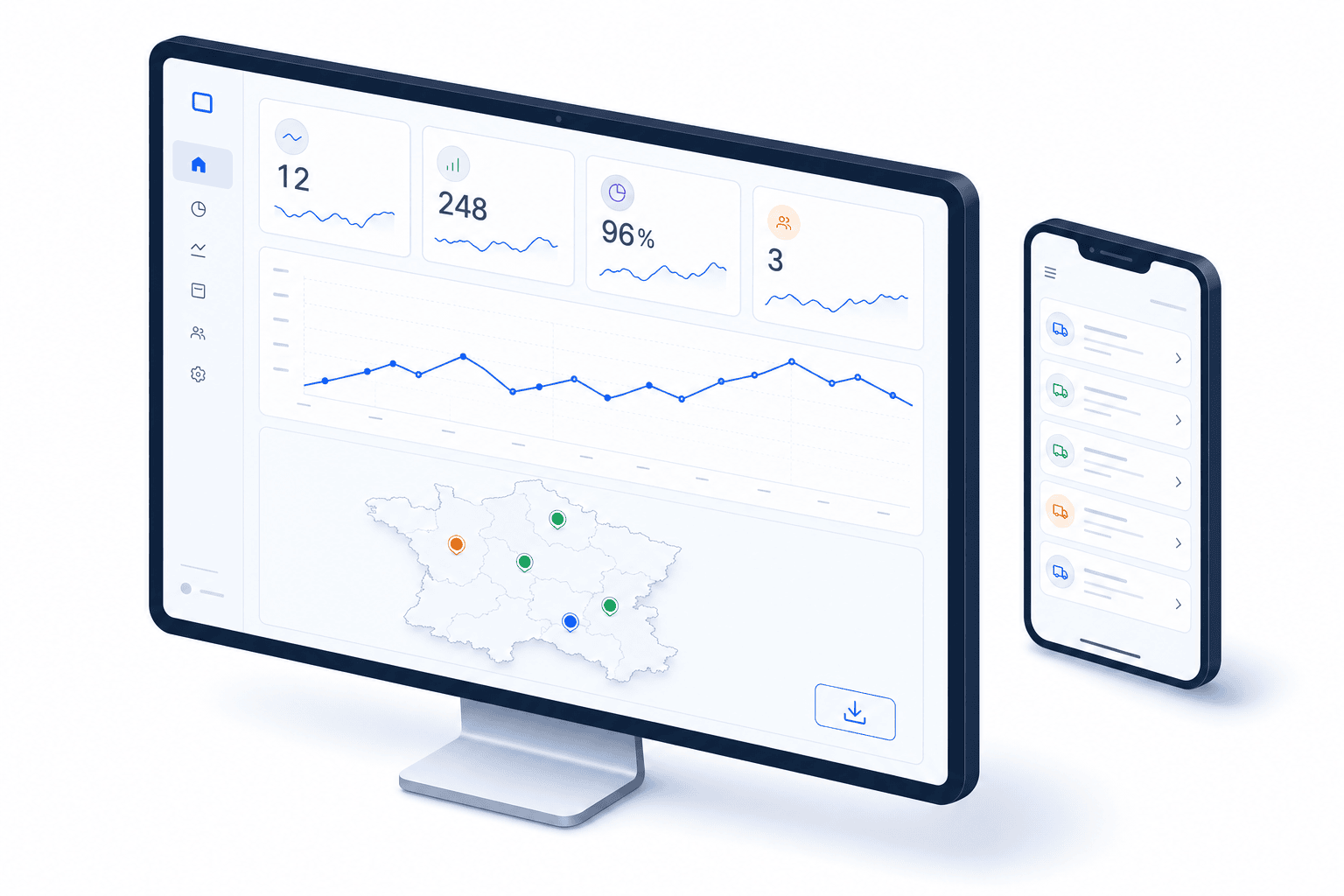 Illustration isometrique d'un tableau de bord SaaS premium Bordoly affichant des KPI multi-sites, une courbe d'evolution mensuelle, une carte de France avec pins de statut et un acces telephone mobile.