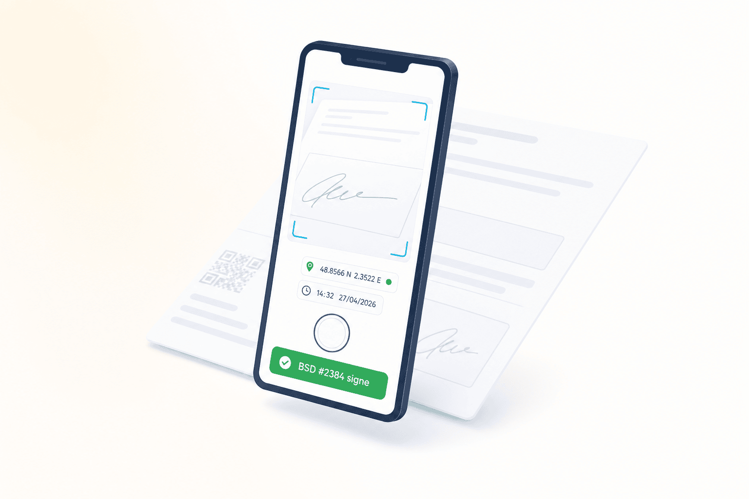 Illustration isometrique d'un smartphone en capture photo terrain avec viseur, badge GPS, horodatage et confirmation de signature BSD, document BSD avec QR code en arriere-plan.