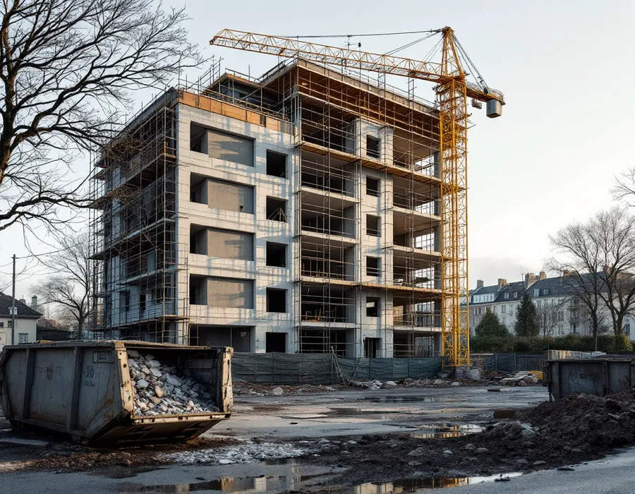 Un immeuble en construction, sa grue et une benne de gravats au premier plan