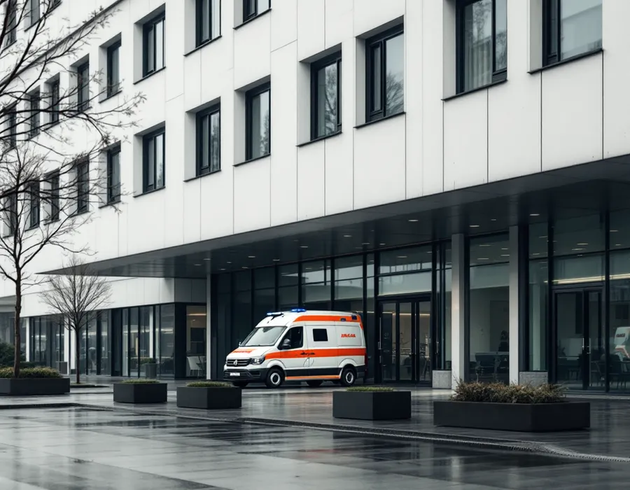 L'entrée d'un hôpital moderne, une ambulance stationnée sous l'auvent