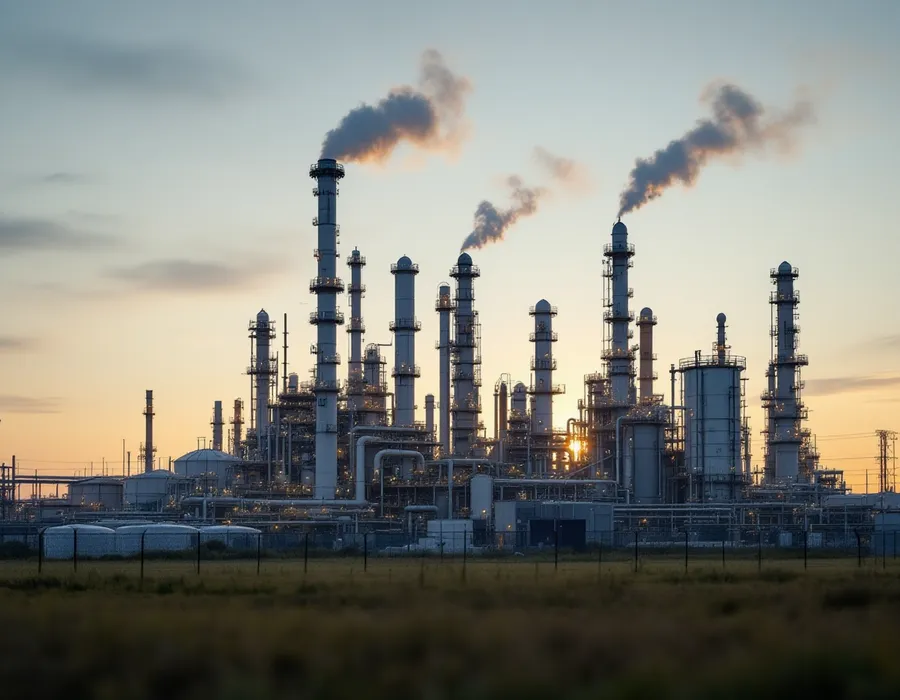 Une usine chimique et ses colonnes de distillation au crépuscule