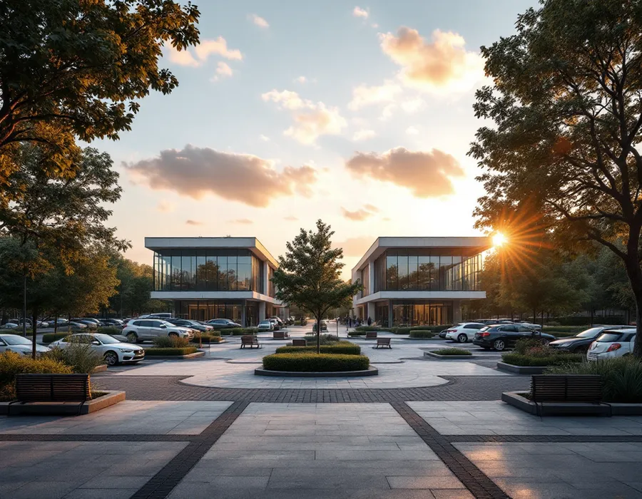 Un campus de bureaux et sa cour plantée en fin de journée