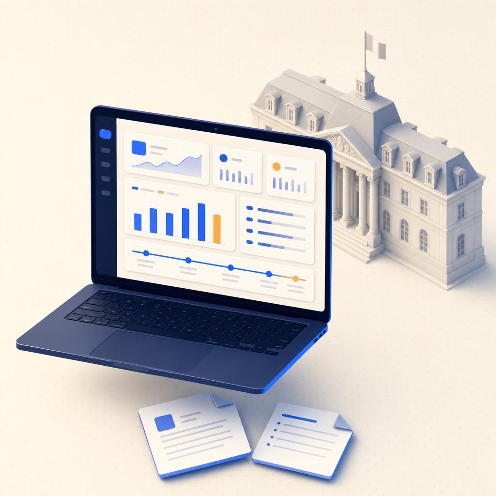 Illustration isométrique 3D : ordinateur portable affichant un dashboard avec graphiques abstraits, exports PDF et CSV à proximité