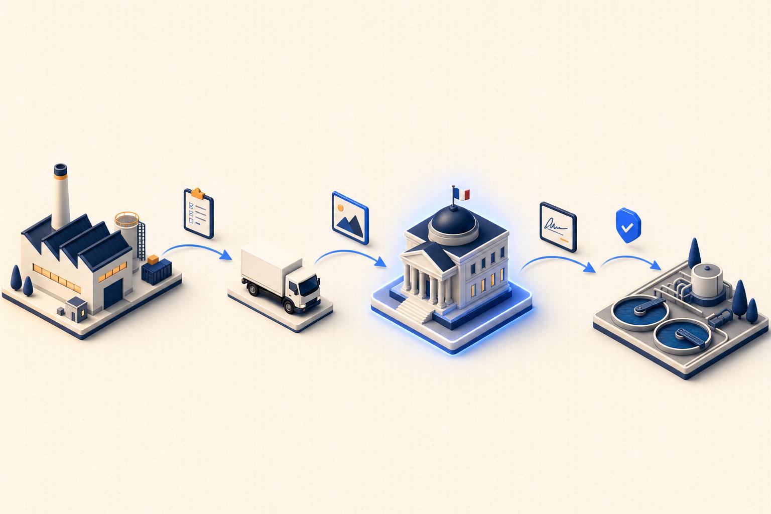 Illustration isométrique 3D : flux horizontal de l'usine au transporteur, à l'institution publique et à l'exutoire de traitement, avec icônes de tâches connectées par des flèches bleues.